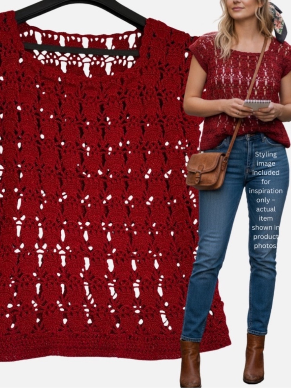 Red Crochet Lace Top VTG Handmade Sweater Vest M Parisian Vintage Artisan Boho